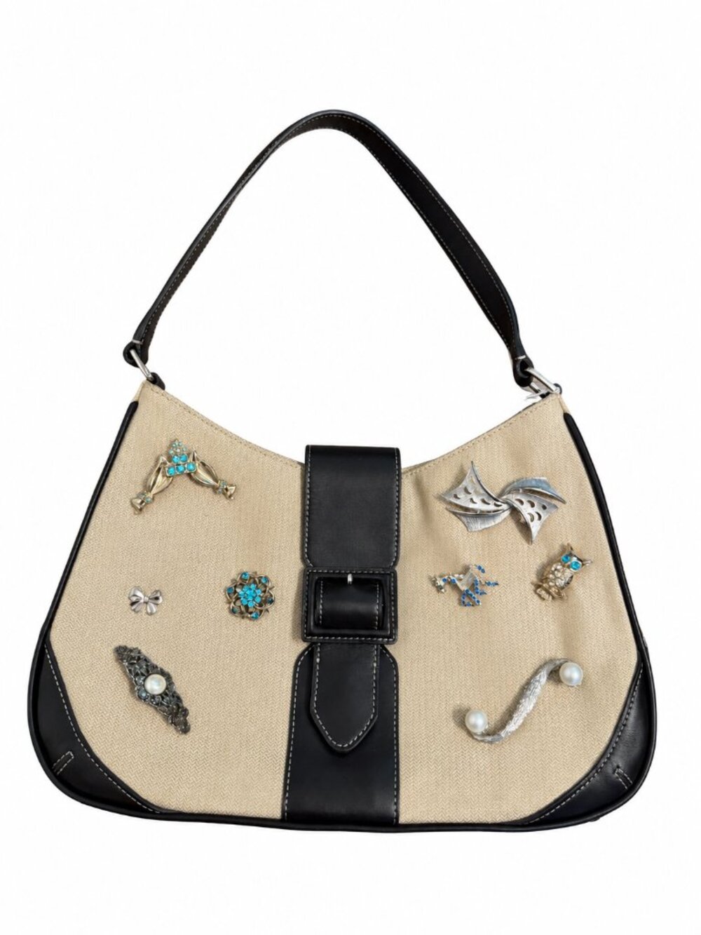 Ann Taylor Classic Shoulder Bag Tan Black Brooches NWOT Glam